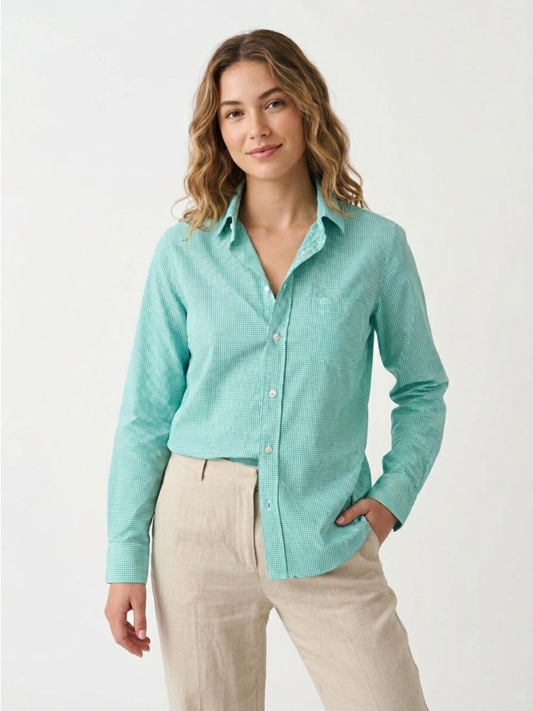 Frank & Eileen Barry Signature Crinkle Button Down Gingham Green White S